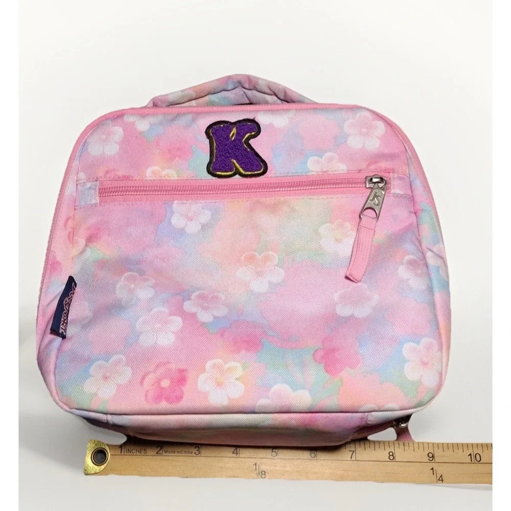JanSport Lunch Break Bag Pink Floral Watercolor Chenille K Patch
